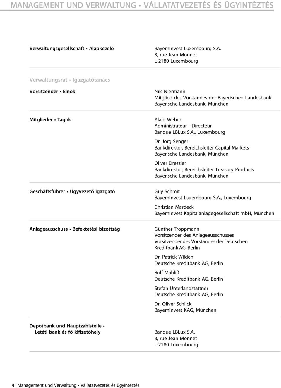 Jörg Senger Bankdirektor, Bereichsleiter Capital Markets Bayerische Landesbank, München Oliver Dressler Bankdirektor, Bereichsleiter Treasury Products Bayerische Landesbank, München Geschäftsführer