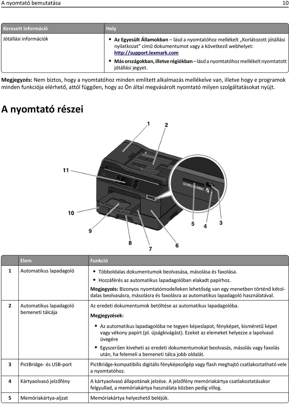 Megjegyzés: Nem biztos, hogy a nyomtatóhoz minden említett alkalmazás mellékelve van, illetve hogy e programok minden funkciója elérhető, attól függően, hogy az Ön által megvásárolt nyomtató milyen