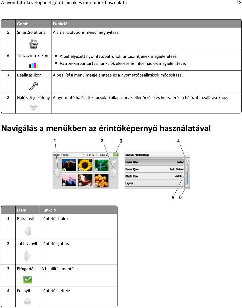 7 Beállítás ikon A beállítási menü megjelenítése és a nyomtatóbeállítások módosítása.