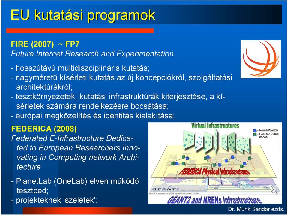 kísérletek számára rendelkezésre bocsátása; - európai megközelítés és identitás kialakítása; FEDERICA (2008) Federated E-Infrastructure