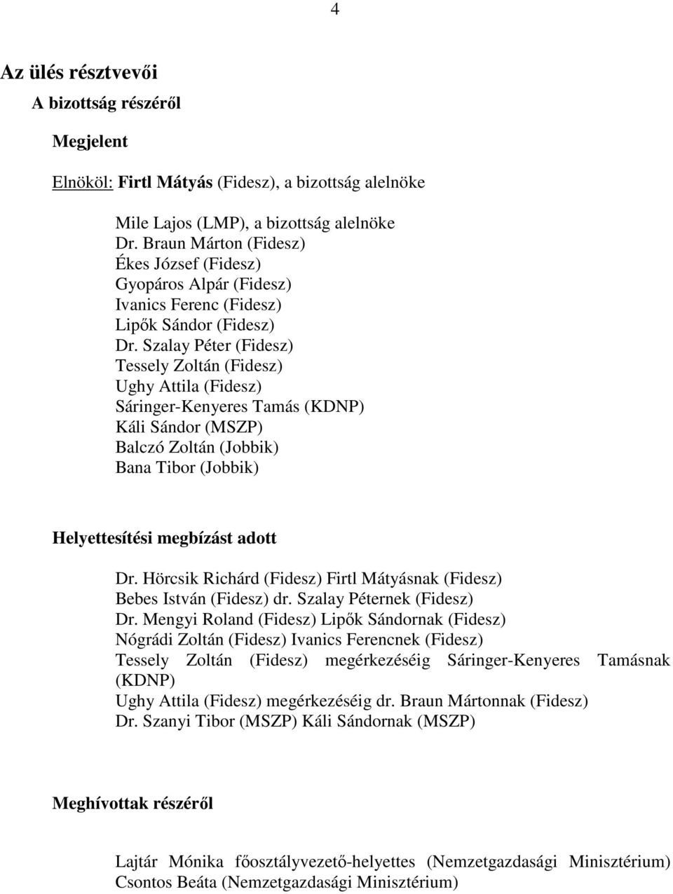 Szalay Péter (Fidesz) Tessely Zoltán (Fidesz) Ughy Attila (Fidesz) Sáringer-Kenyeres Tamás (KDNP) Káli Sándor (MSZP) Balczó Zoltán (Jobbik) Bana Tibor (Jobbik) Helyettesítési megbízást adott Dr.