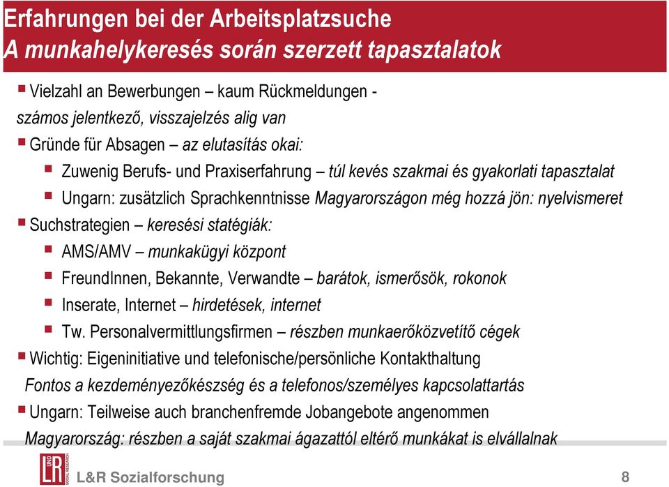 statégiák: AMS/AMV munkakügyi központ FreundInnen, Bekannte, Verwandte barátok, ismerısök, rokonok Inserate, Internet hirdetések, internet Tw.