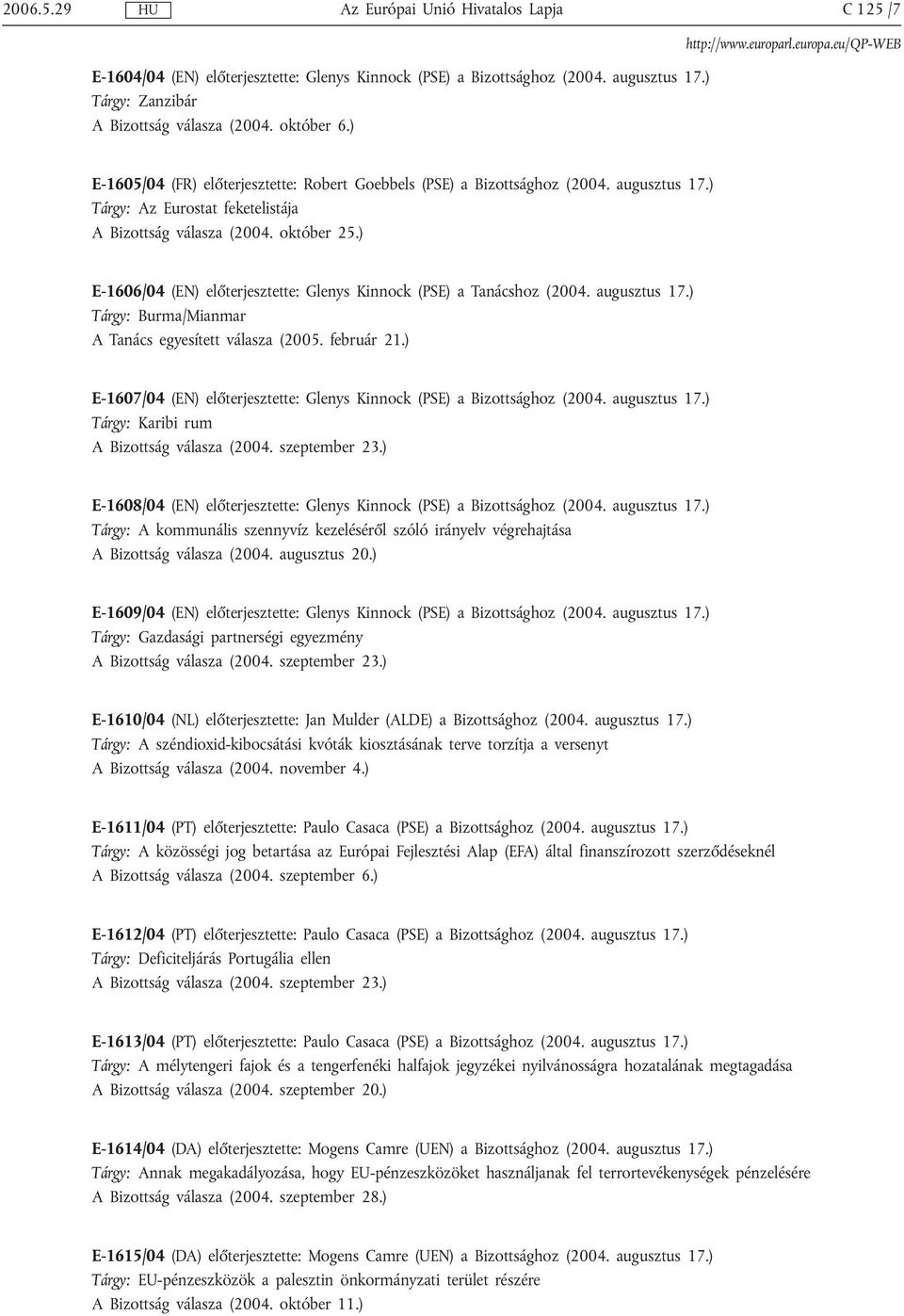 ) E-1606/04 (EN) előterjesztette: Glenys Kinnock (PSE) a Tanácshoz (2004. augusztus 17.) Tárgy: Burma/Mianmar A Tanács egyesített válasza (2005. február 21.
