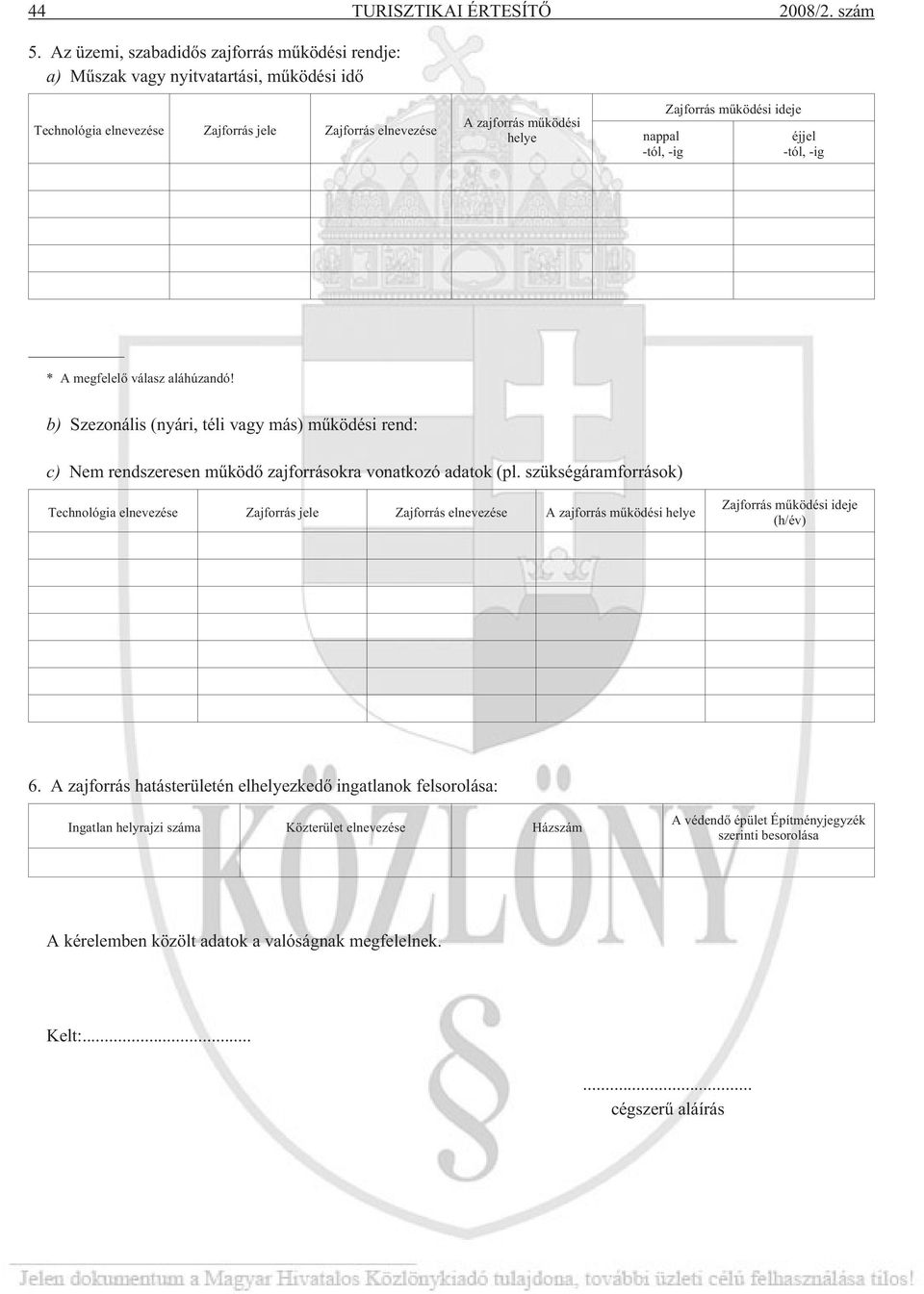 Zajforrás mûködési ideje éjjel -tól, -ig * A megfelelõ válasz aláhúzandó! b) Szezonális (nyári, téli vagy más) mûködési rend: c) Nem rendszeresen mûködõ zajforrásokra vonatkozó adatok (pl.