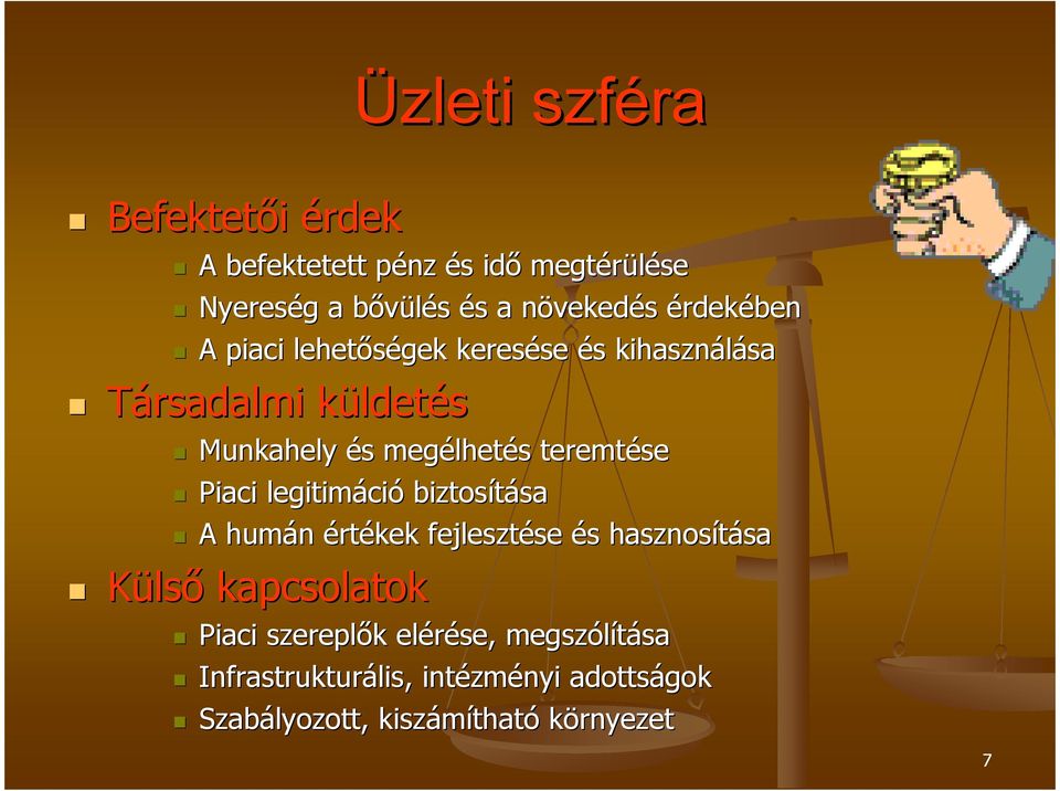 teremtése Piaci legitimáci ció biztosítása sa A humán értékek fejlesztése se és s hasznosítása sa Külső kapcsolatok Piaci