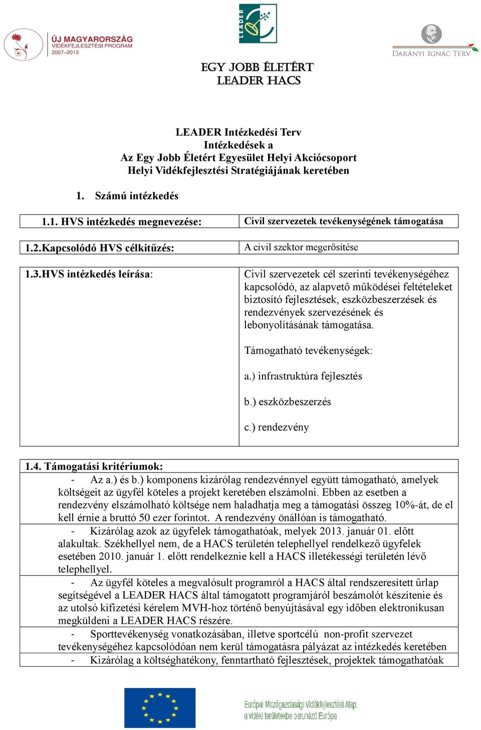 HVS intézkedés leírása: A civil szektor megerősítése Civil szervezetek cél szerinti tevékenységéhez kapcsolódó, az alapvető működései feltételeket biztosító fejlesztések, eszközbeszerzések és