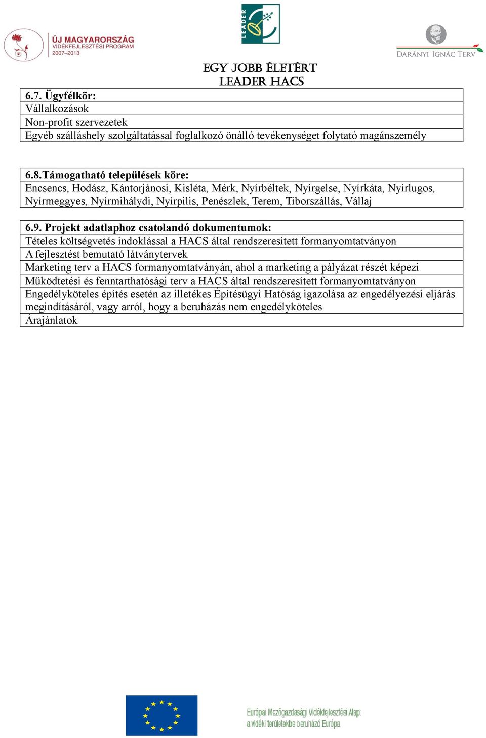 9. Projekt adatlaphoz csatolandó dokumentumok: Tételes költségvetés indoklással a HACS által rendszeresített formanyomtatványon A fejlesztést bemutató látványtervek Marketing terv a HACS