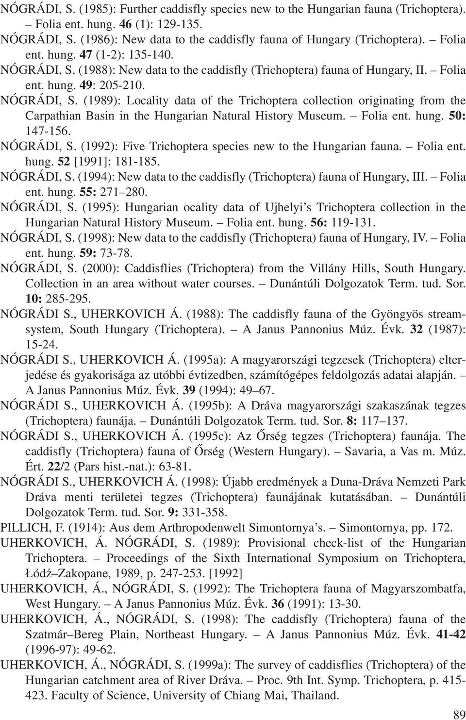Folia ent. hung. 50: 147-156. NÓGRÁDI, S. (1992): Five Trichoptera species new to the Hungarian fauna. Folia ent. hung. 52 [1991]: 181-185. NÓGRÁDI, S. (1994): New data to the caddisfly (Trichoptera) fauna of Hungary, III.