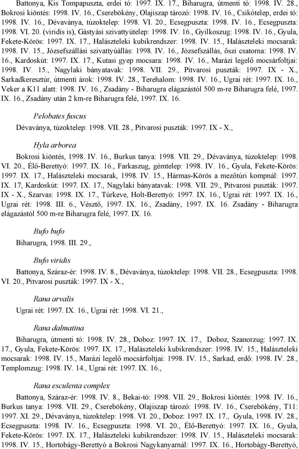 , Halászteleki kubikrendszer: 1998. IV. 15., Halászteleki mocsarak: 1998. IV. 15., Józsefszállási szivattyúállás: 1998. IV. 16., Józsefszállás, őszi csatorna: 1998. IV. 16., Kardoskút: 1997. IX. 17.