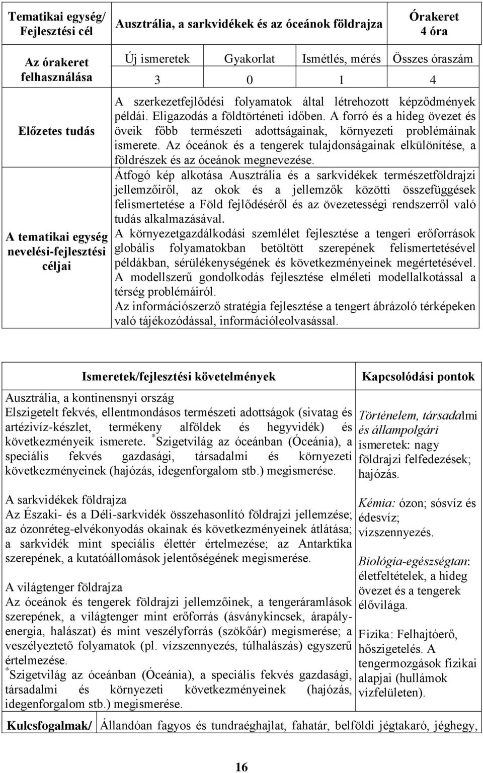 A forró és a hideg övezet és öveik főbb természeti adottságainak, környezeti problémáinak ismerete. Az óceánok és a tengerek tulajdonságainak elkülönítése, a földrészek és az óceánok megnevezése.