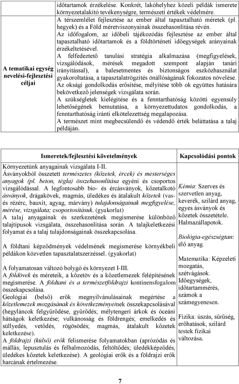 Az időfogalom, az időbeli tájékozódás fejlesztése az ember által tapasztalható időtartamok és a földtörténeti időegységek arányainak érzékeltetésével.