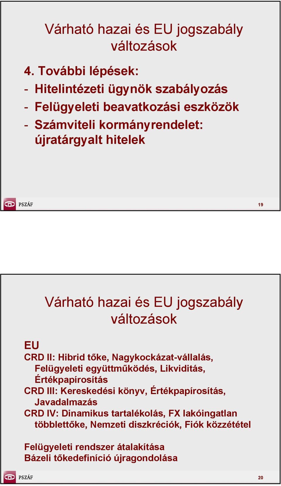 hitelek 19 Várható hazai és EU jogszabály EU CRD II: Hibrid tőke, Nagykockázat-vállalás, Felügyeleti együttműködés, Likviditás,