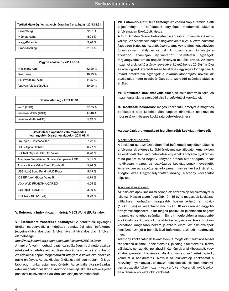 Futamidő alatti teljesítmény: Az eszközalap futamidő alatti teljesítménye a befektetési egységek mindenkori aktuális árfolyamában tükröződik vissza.