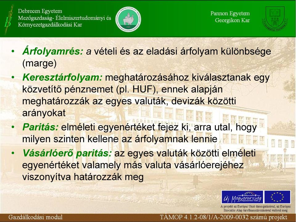 HUF), ennek alapján meghatározzák az egyes valuták, devizák közötti arányokat Paritás: elméleti egyenértéket