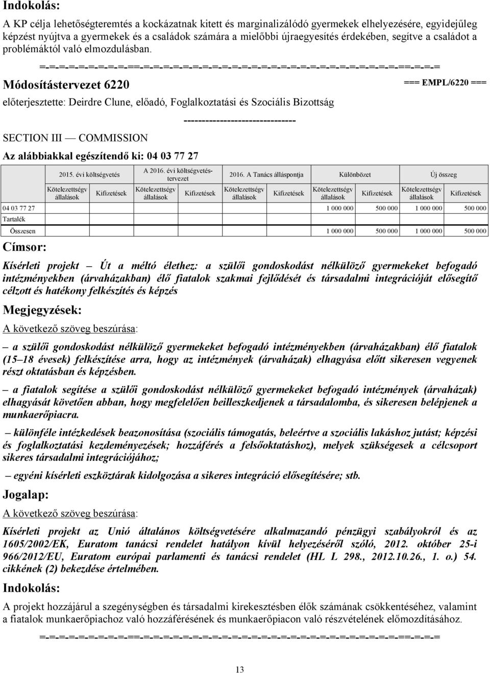 Módosítástervezet 6220 === EMPL/6220 === Az alábbiakkal egészítendő ki: 04 03 77 27 04 03 77 27 1 000 000 500 000 1 000 000 500 000 Összesen 1 000 000 500 000 1 000 000 500 000 Címsor: Kísérleti