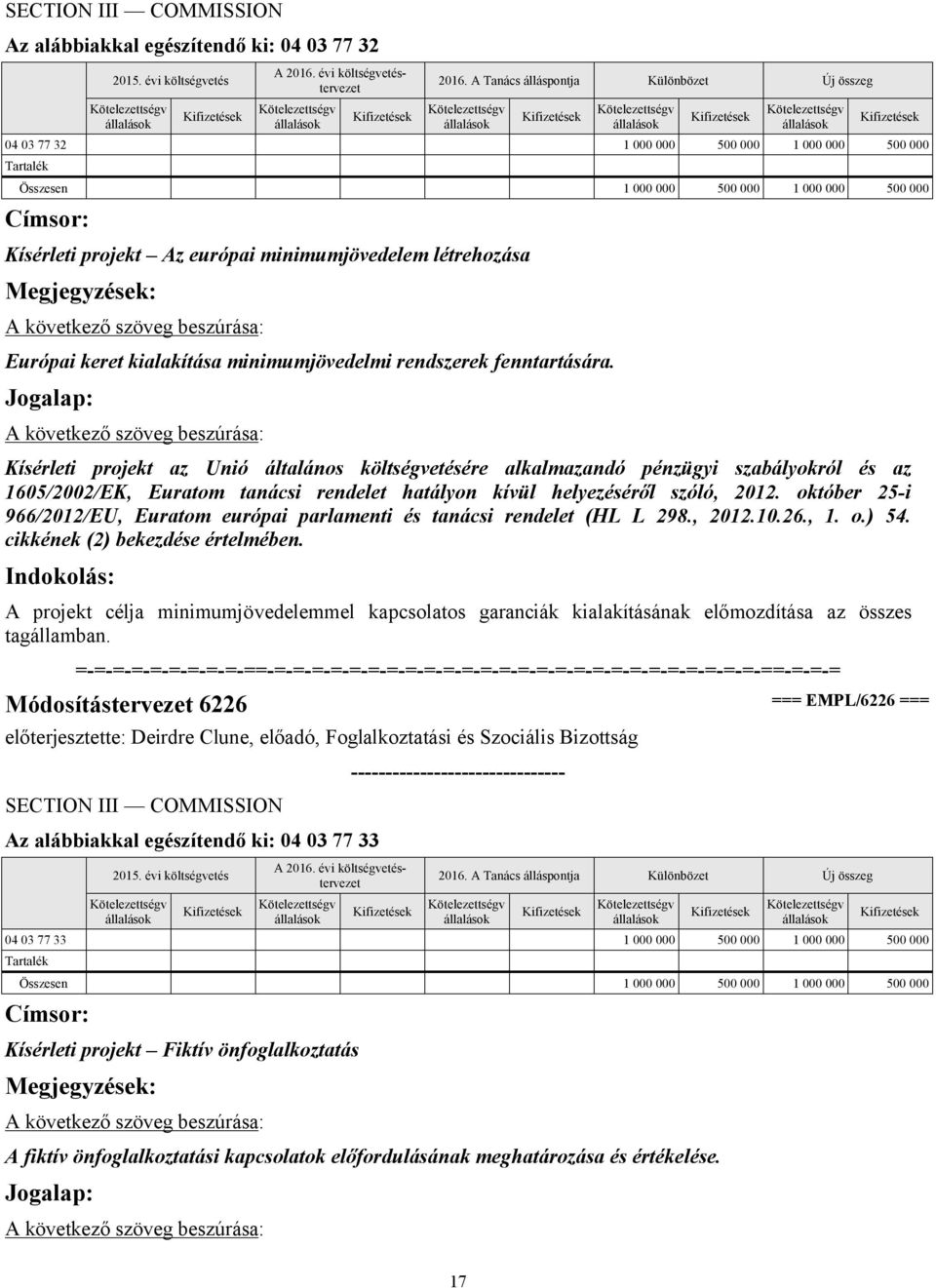 Jogalap: Kísérleti projekt az Unió általános költségvetésére alkalmazandó pénzügyi szabályokról és az 1605/2002/EK, Euratom tanácsi rendelet hatályon kívül helyezéséről szóló, 2012.