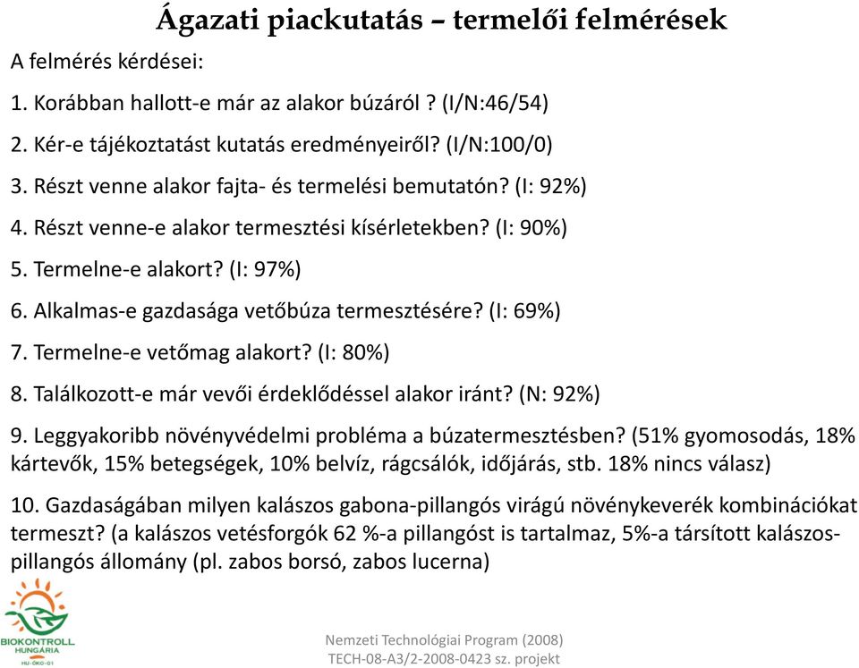 (I: 69%) 7. Termelne-e vetőmag alakort? (I: 80%) 8. Találkozott-e már vevői érdeklődéssel alakor iránt? (N: 92%) 9. Leggyakoribb növényvédelmi probléma a búzatermesztésben?