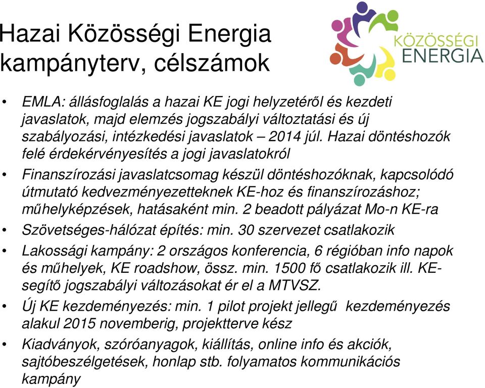 Hazai döntéshozók felé érdekérvényesítés a jogi javaslatokról Finanszírozási javaslatcsomag készül döntéshozóknak, kapcsolódó útmutató kedvezményezetteknek KE-hoz és finanszírozáshoz; műhelyképzések,