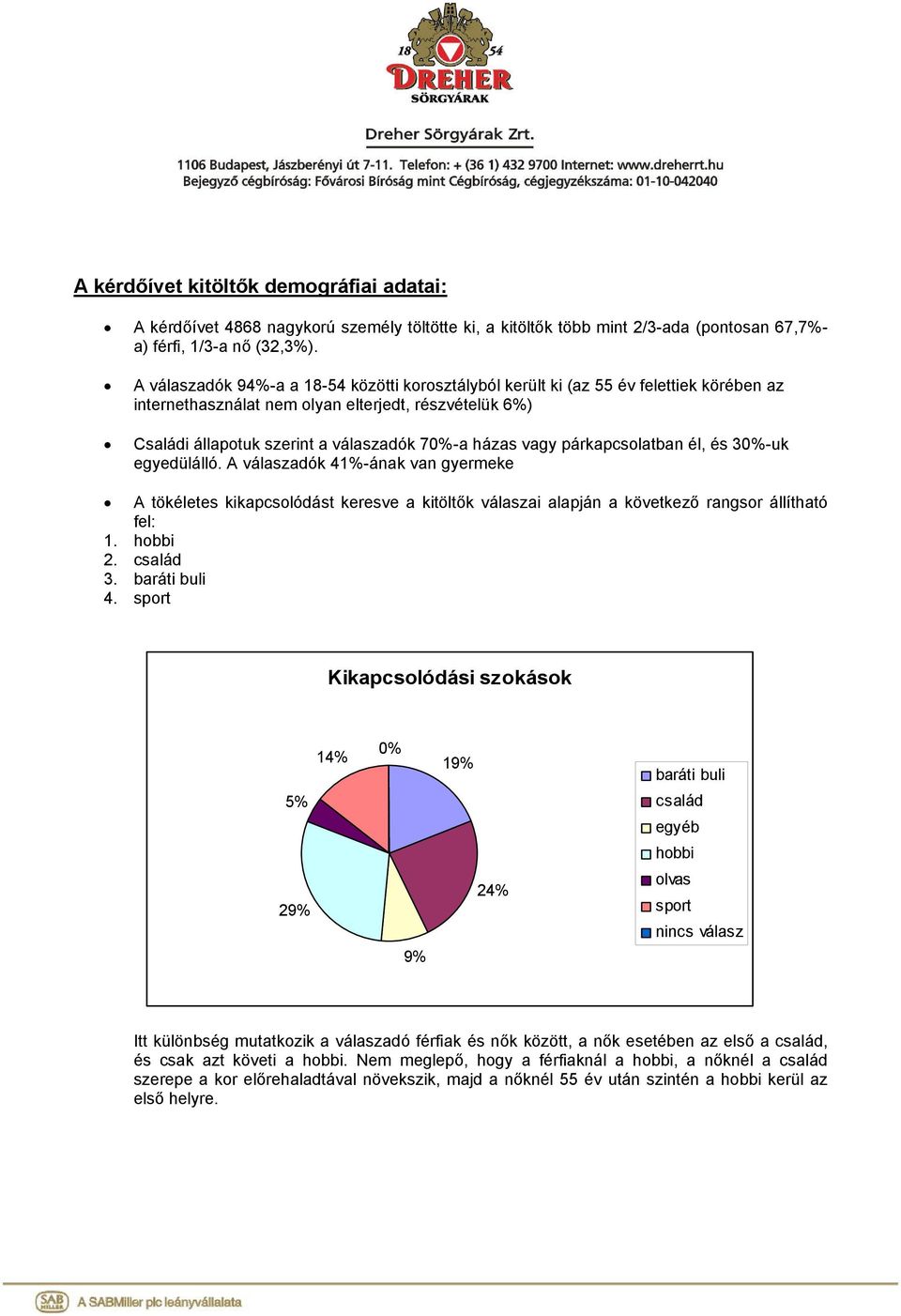 vagy párkapcsolatban él, és 30%-uk egyedülálló. A válaszadók 41%-ának van gyermeke A tökéletes kikapcsolódást keresve a kitöltők válaszai alapján a következő rangsor állítható fel: 1. hobbi 2.