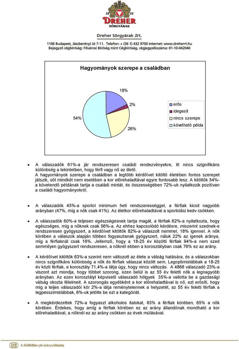 A kitöltők 54%- a követendő példának tartja a családi mintát, és összességében 72%-uk nyilatkozik pozitívan a családi hagyományokról.