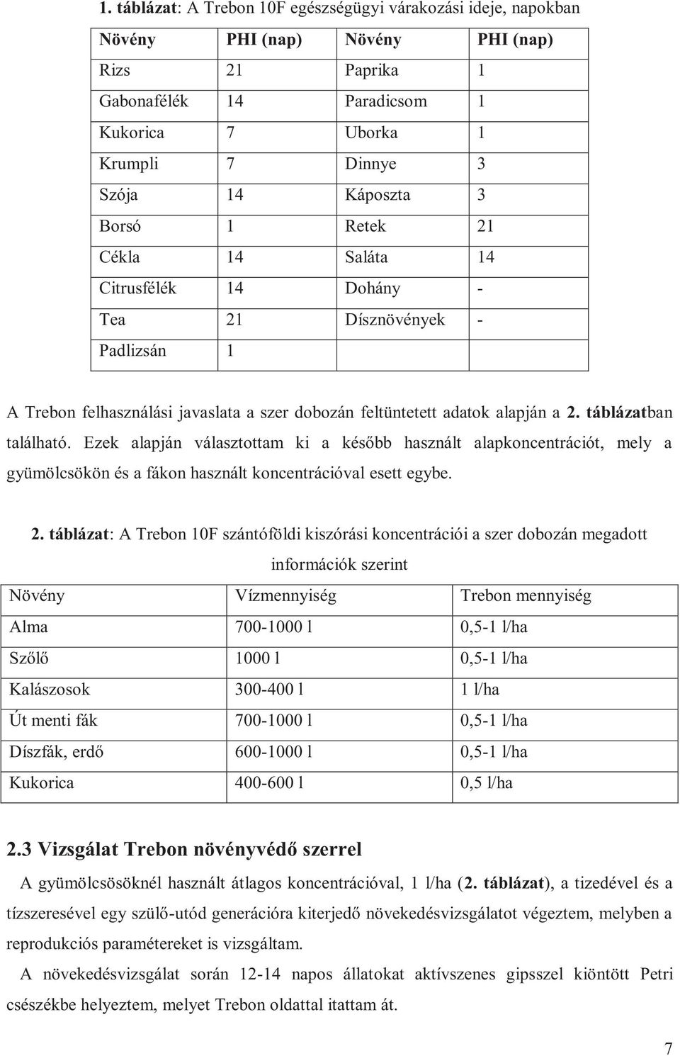 táblázatban található. Ezek alapján választottam ki a később használt alapkoncentrációt, mely a gyümölcsökön és a fákon használt koncentrációval esett egybe. 2.