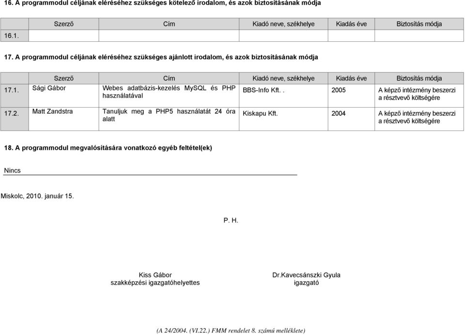 .1. Sági Gábor Webes adatbázis-kezelés MySQL és PHP használatával BBS-Info Kft.. 2005 A képző intézmény beszerzi a résztvevő költségére 17.2. Matt Zandstra Tanuljuk meg a PHP5 használatát 24 óra alatt Kiskapu Kft.