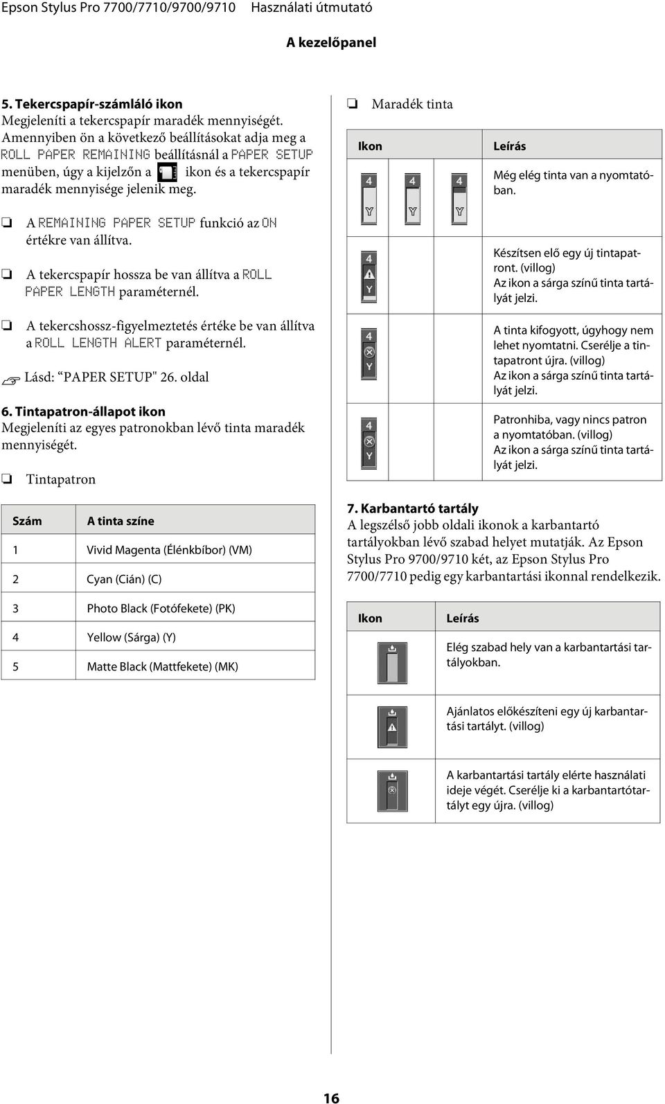 Ikon Maradék tinta Leírás Még elég tinta van a nyomtatóban. A REMAINING PAPER SETUP funkció az ON értékre van állítva. A tekercspapír hossza be van állítva a ROLL PAPER LENGTH paraméternél.
