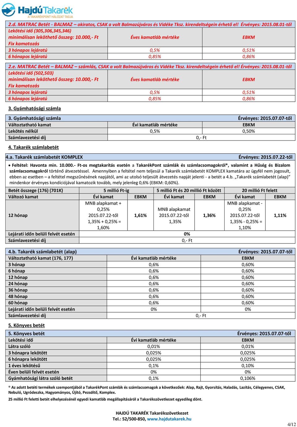 kirendeltségein érhető el! Érvényes: 2015.08.01-től Lekötési idő (502,503) minimálisan leköthető összeg: 10.