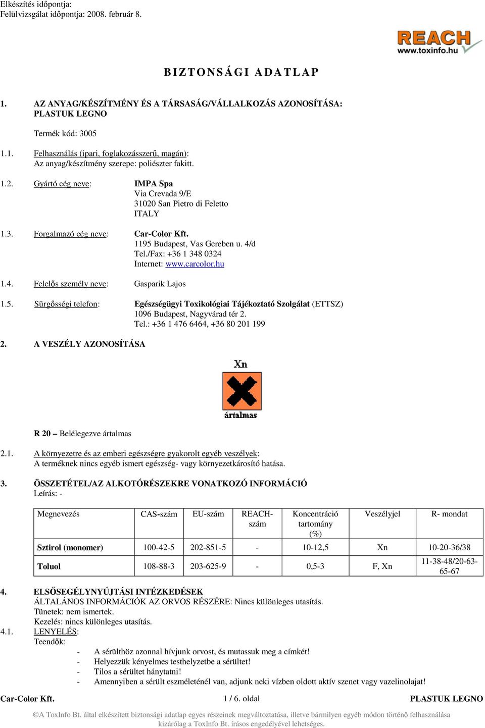 5. Sürgősségi telefon: Egészségügyi Toxikológiai Tájékoztató Szolgálat (ETTSZ) 1096 Budapest, Nagyvárad tér 2. Tel.: +36 1 476 6464, +36 80 201 199 2.