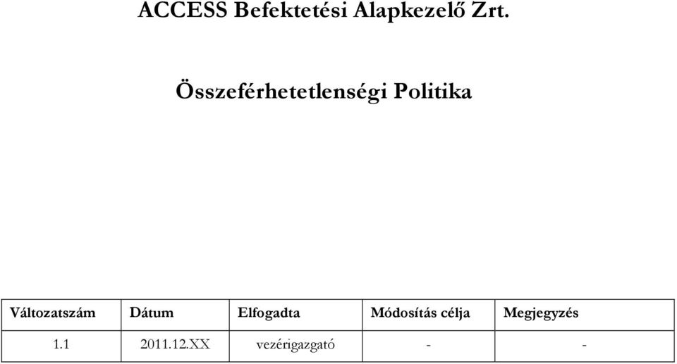 Változatszám Dátum Elfogadta Módosítás