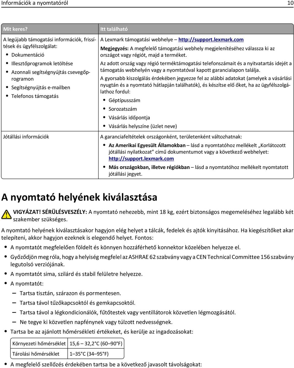 Jótállási információk Itt található A Lexmark támogatási webhelye http://support.lexmark.