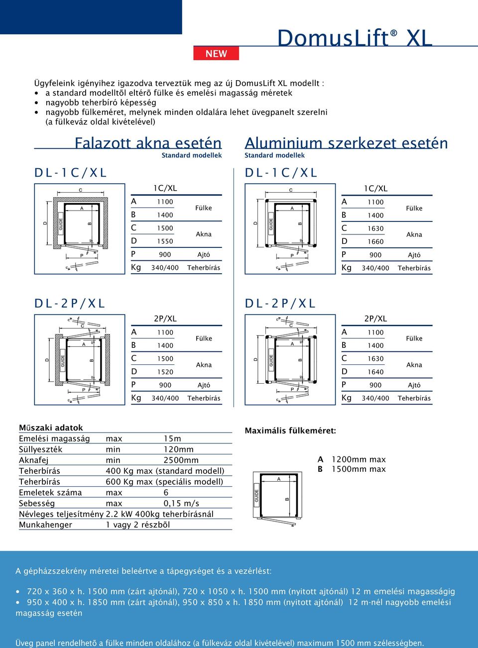 Teherbírás Aluminium szerkezet esetén Standard modellek D L - 1 C / X L 1C/XL A 1100 B 1400 C 1630 D 1660 P 900 Ajtó Kg 340/400 Teherbírás D L - 2 P / X L D L - 2 P / X L 2P/XL 2P/XL A 1100 B 1400 A