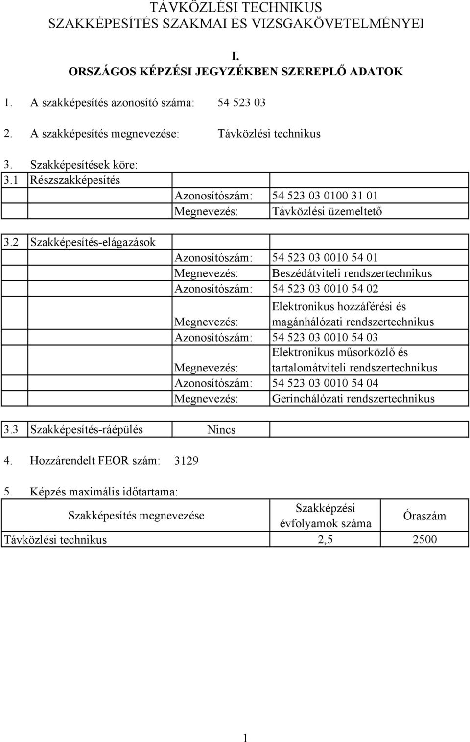 Hozzárendelt FEOR szám: Azonosítószám: 54 523 03 0100 31 01 Megnevezés: Távközlési üzemeltető Azonosítószám: 54 523 03 0010 54 01 Megnevezés: Beszédátviteli rendszertechnikus Azonosítószám: 54 523 03