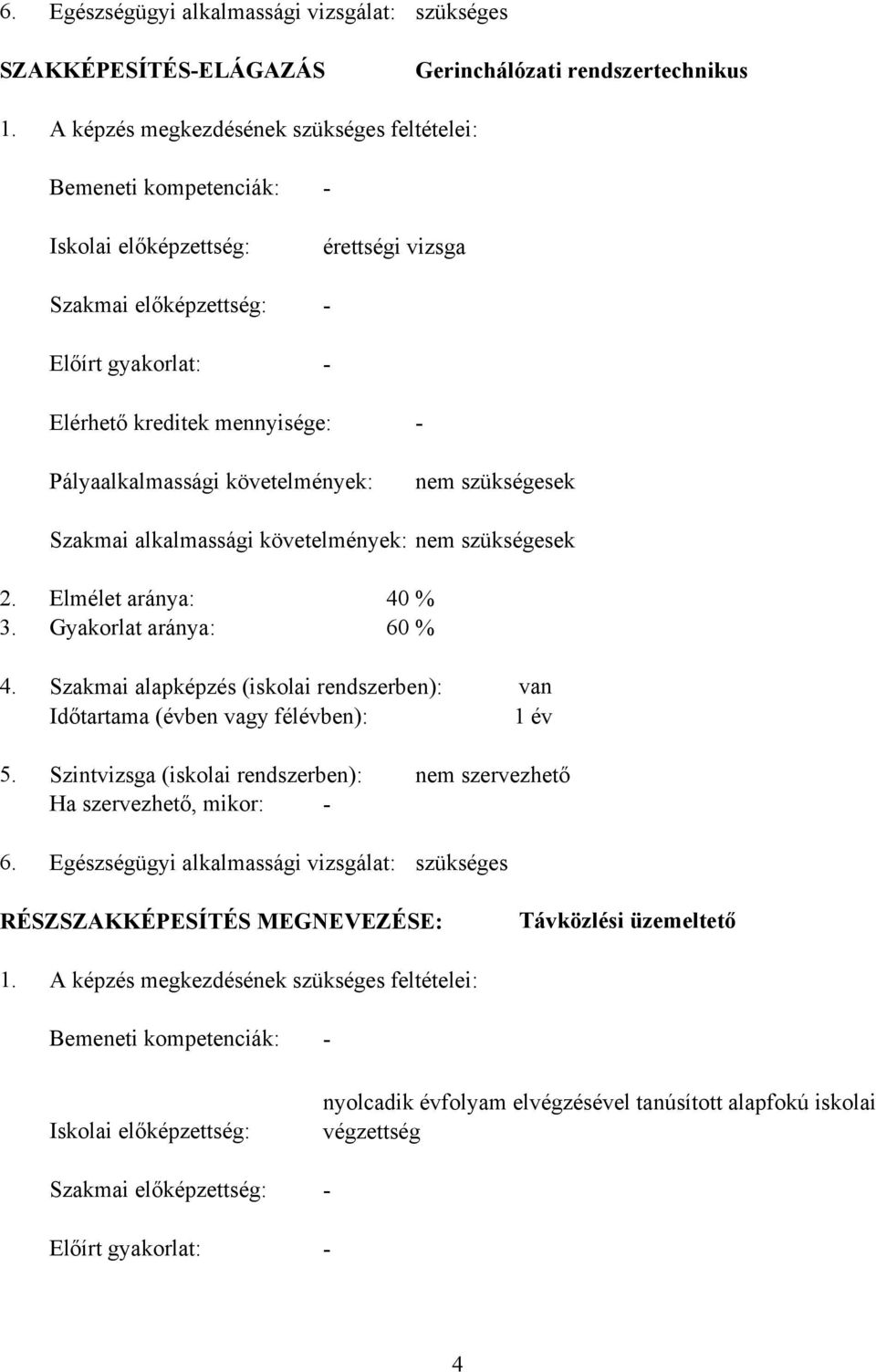 Pályaalkalmassági követelmények: nem szükségesek Szakmai alkalmassági követelmények: nem szükségesek 2. Elmélet aránya: 40 % 3. Gyakorlat aránya: 60 % 4.
