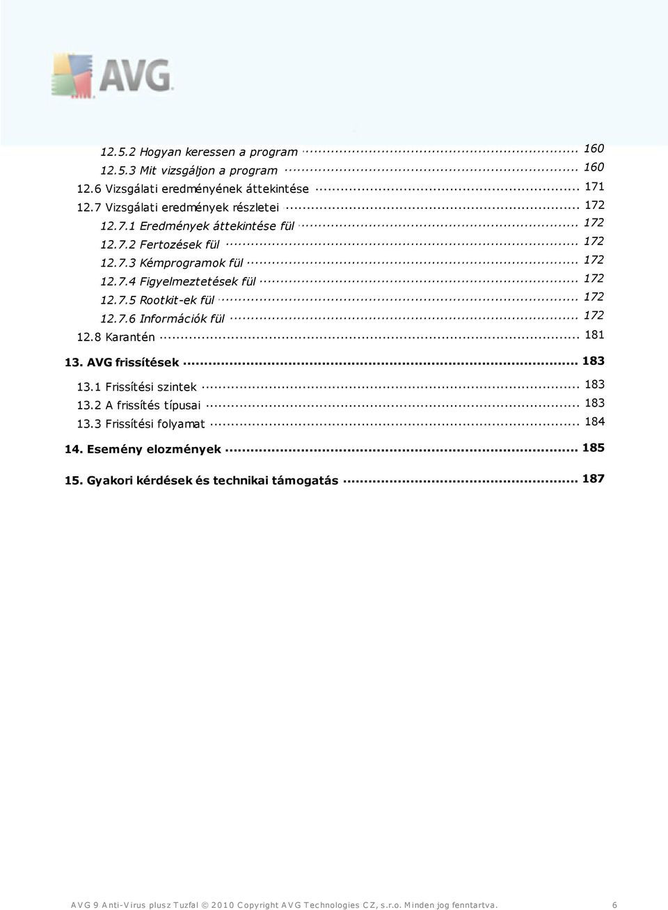 .. Figyelmeztetések fül 172 12.7.5... Rootkit-ek fül 172 12.7.6... Információk fül... 181 12.8 Karantén... 183 13. AVG frissítések... 183 13.1 Frissítési szintek.