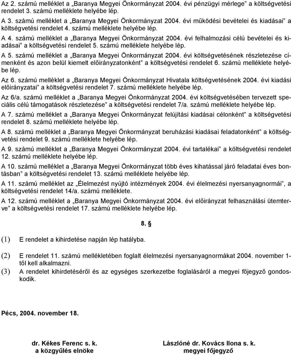 számú melléklet a Baranya Megyei Önkormányzat 2004. évi költségvetésének részletezése címenként és azon belül kiemelt onként a költségvetési rendelet 6. számú melléklete helyébe lép. Az 6.