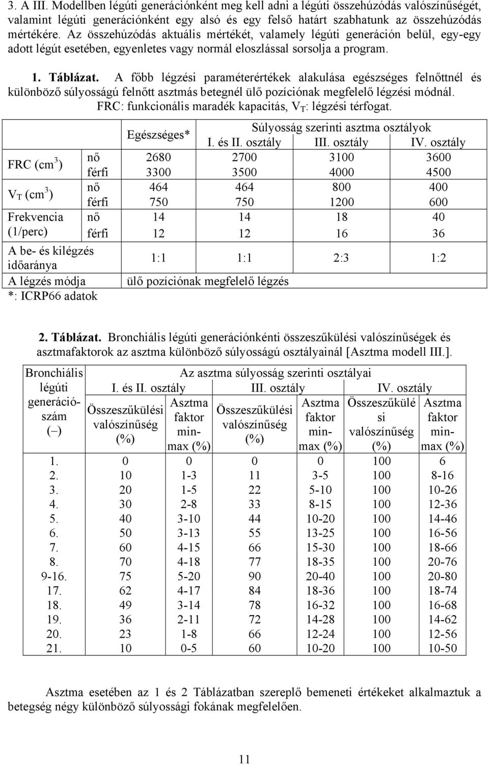 A főbb légzési paraméterértékek alakulása egészséges felnőttnél és különböző súlyosságú felnőtt asztmás betegnél ülő pozíciónak megfelelő légzési módnál.