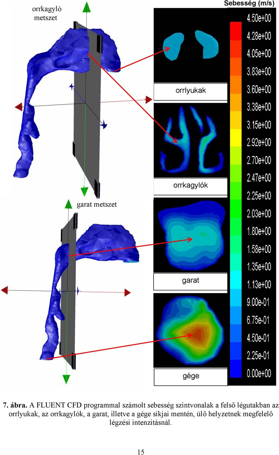 A FLUENT CFD programmal számolt sebesség szintvonalak a felső