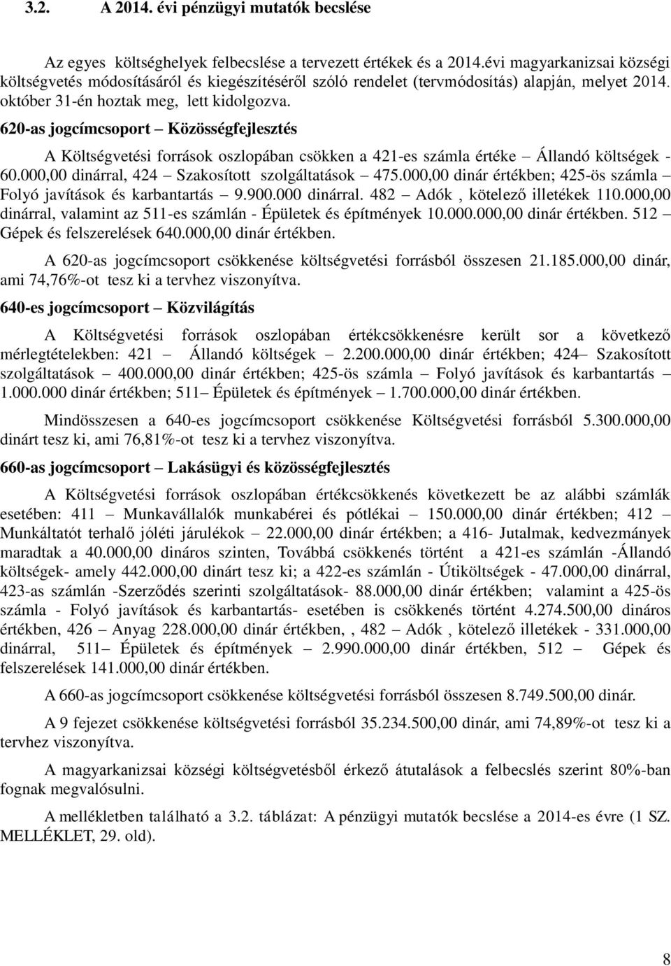620-as jogcímcsoport Közösségfejlesztés A Költségvetési források oszlopában csökken a 421-es számla értéke Állandó költségek - 60.000,00 dinárral, 424 Szakosított szolgáltatások 475.