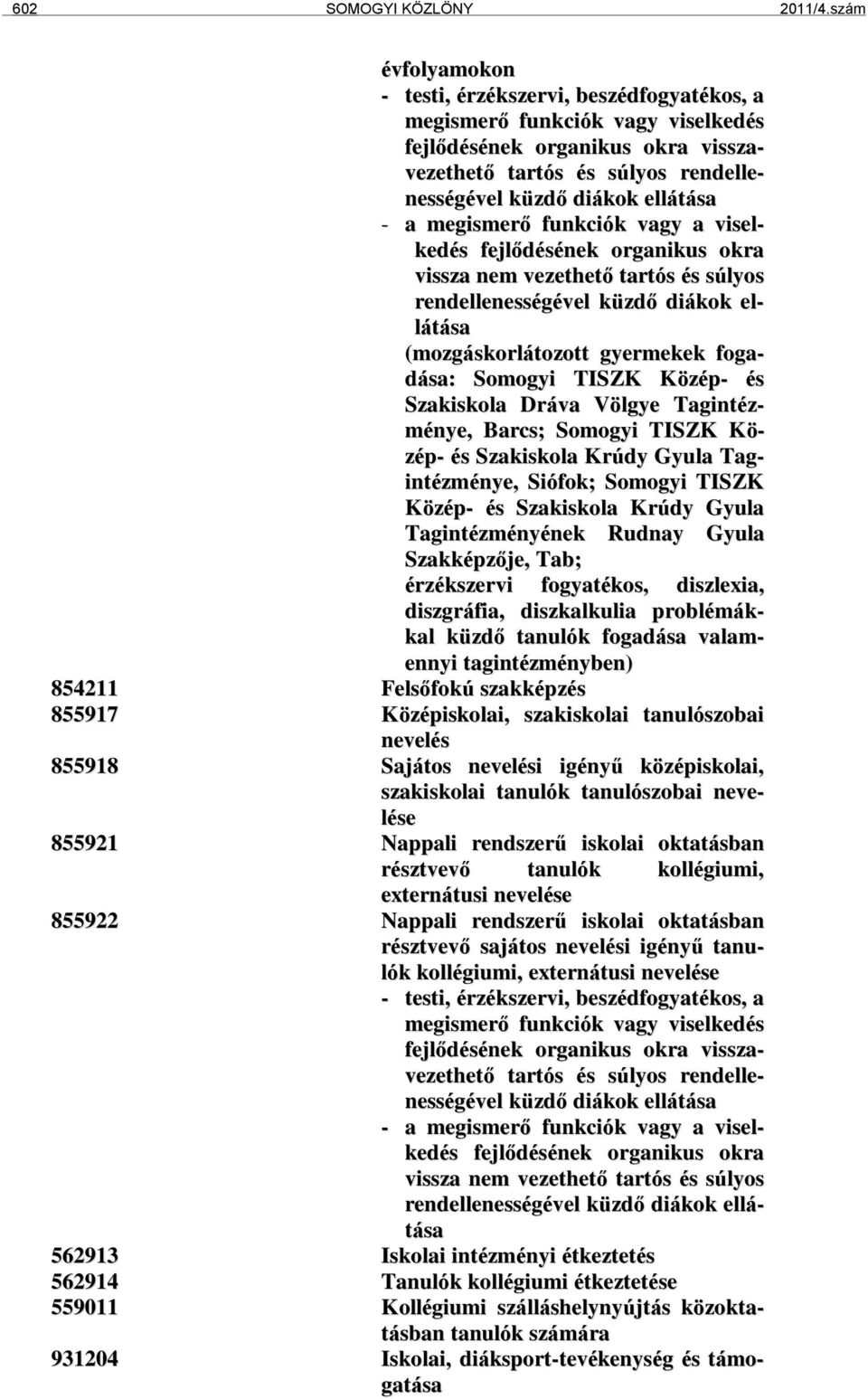 a megismerő funkciók vagy a viselkedés fejlődésének organikus okra vissza nem vezethető tartós és súlyos rendellenességével küzdő diákok ellátása (mozgáskorlátozott gyermekek fogadása: Somogyi TISZK