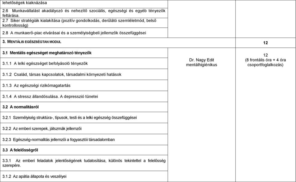 1.2 Család, társas kapcsolatok, társadalmi környezeti hatások Dr. Nagy Edit mentálhigiénikus 12 (8 frontális óra + 4 óra 3.1.3 Az egészségi rizikómagatartás 3.1.4 A stressz állandósulása.