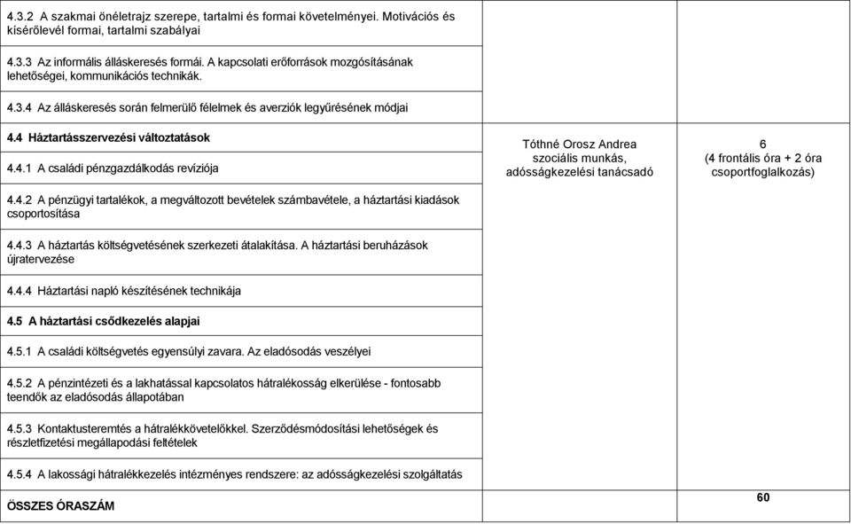 4.2 A pénzügyi tartalékok, a megváltozott bevételek számbavétele, a háztartási kiadások csoportosítása Tóthné Orosz Andrea szociális munkás, adósságkezelési tanácsadó 6 (4 frontális óra + 2 óra 4.4.3 A háztartás költségvetésének szerkezeti átalakítása.