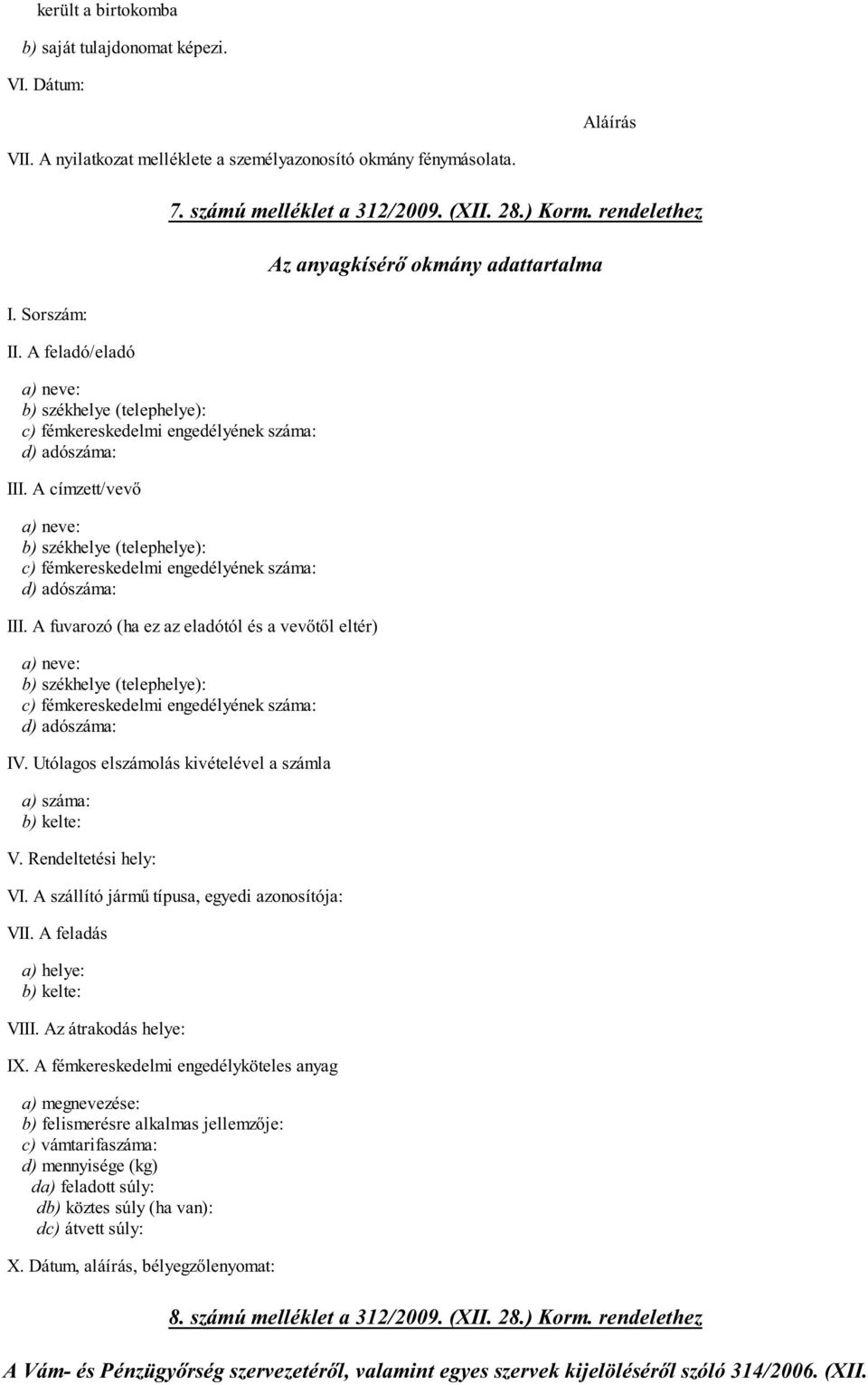 A címzett/vev b) székhelye (telephelye): c) fémkereskedelmi engedélyének száma: d) adószáma: III.