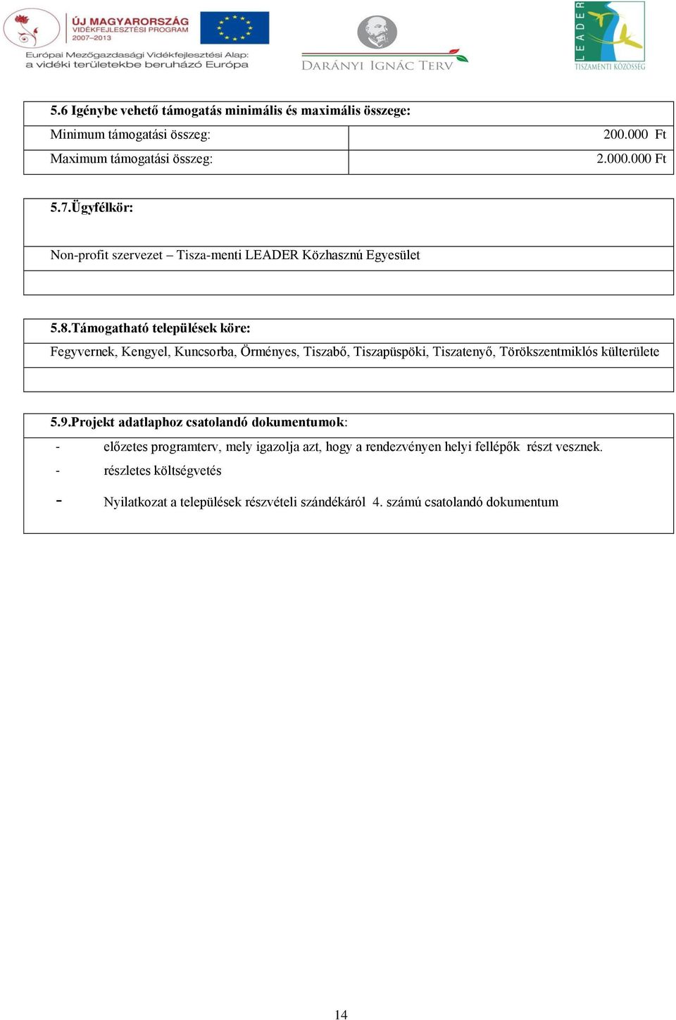 Támogatható települések köre: Fegyvernek, Kengyel, Kuncsorba, Örményes, Tiszabő, Tiszapüspöki, Tiszatenyő, Törökszentmiklós külterülete 5.9.