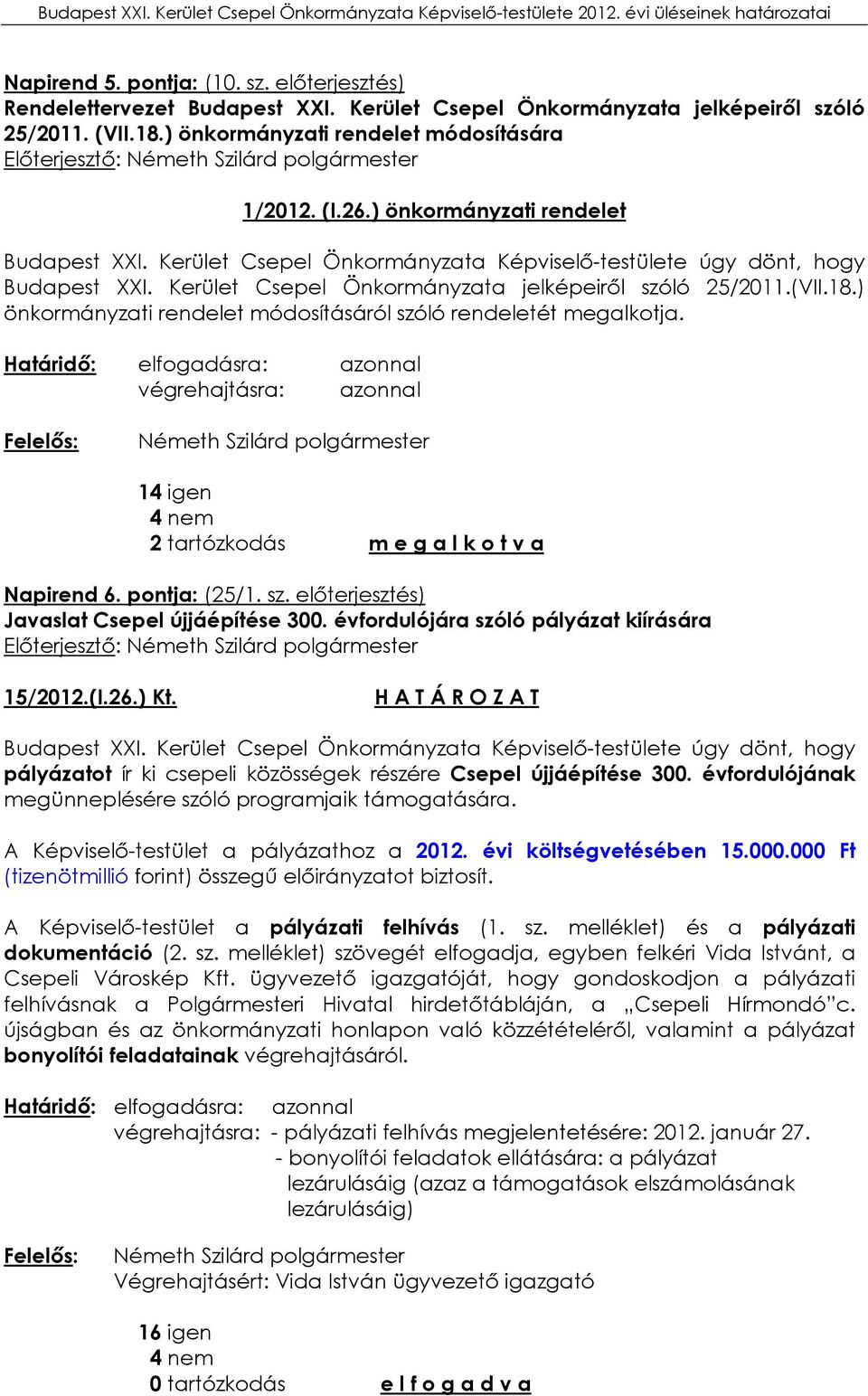 ) önkormányzati rendelet módosításáról szóló rendeletét megalkotja. végrehajtásra: azonnal 14 igen 4 nem 2 tartózkodás m e g a l k o t v a Napirend 6. pontja: (25/1. sz. előterjesztés) Javaslat Csepel újjáépítése 300.