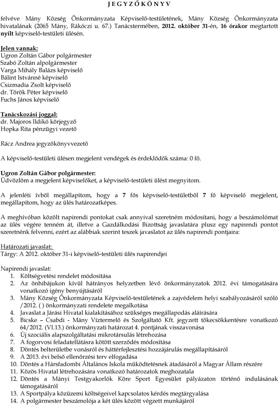 Jelen vannak: Ugron Zoltán Gábor polgármester Szabó Zoltán alpolgármester Varga Mihály Balázs képviselő Bálint Istvánné képviselő Csizmadia Zsolt képviselő dr.