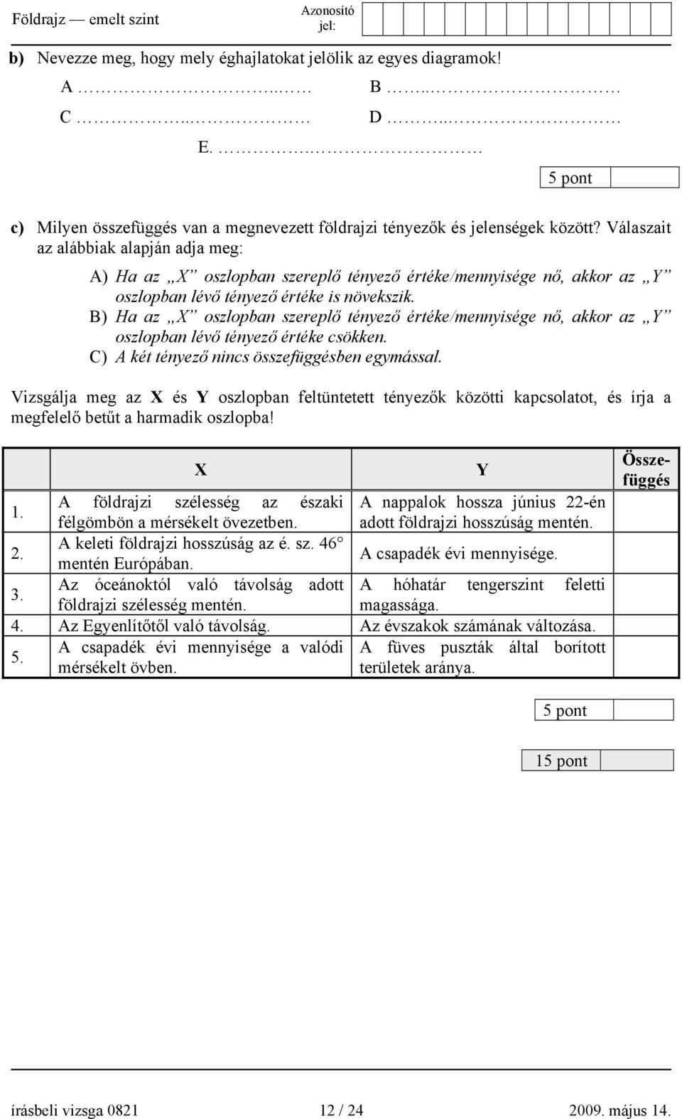 B) Ha az X oszlopban szereplő tényező értéke/mennyisége nő, akkor az Y oszlopban lévő tényező értéke csökken. C) A két tényező nincs összefüggésben egymással.