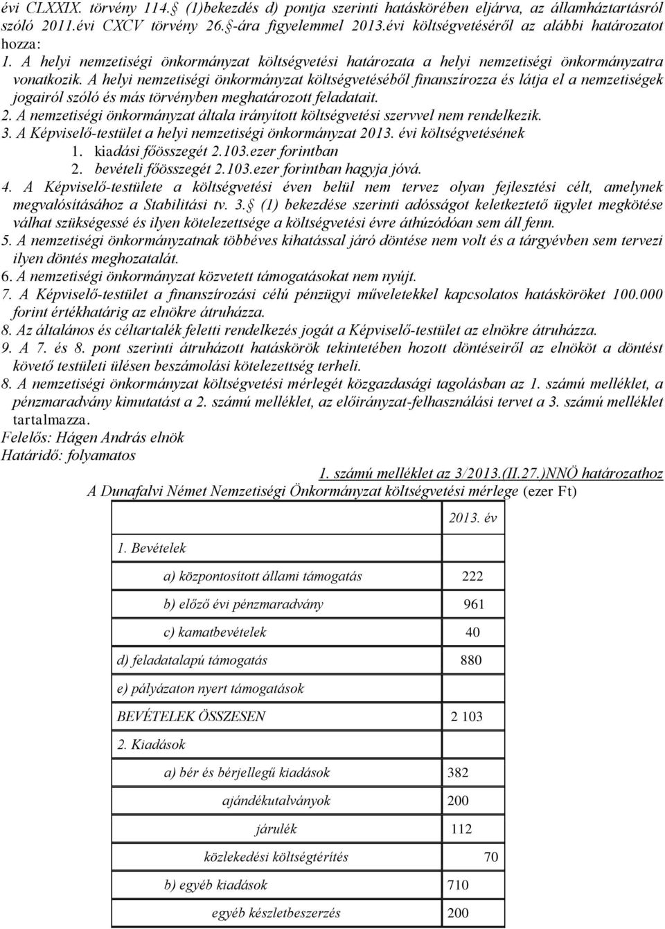 A helyi nemzetiségi önkormányzat költségvetéséből finanszírozza és látja el a nemzetiségek jogairól szóló és más törvényben meghatározott feladatait. 2.