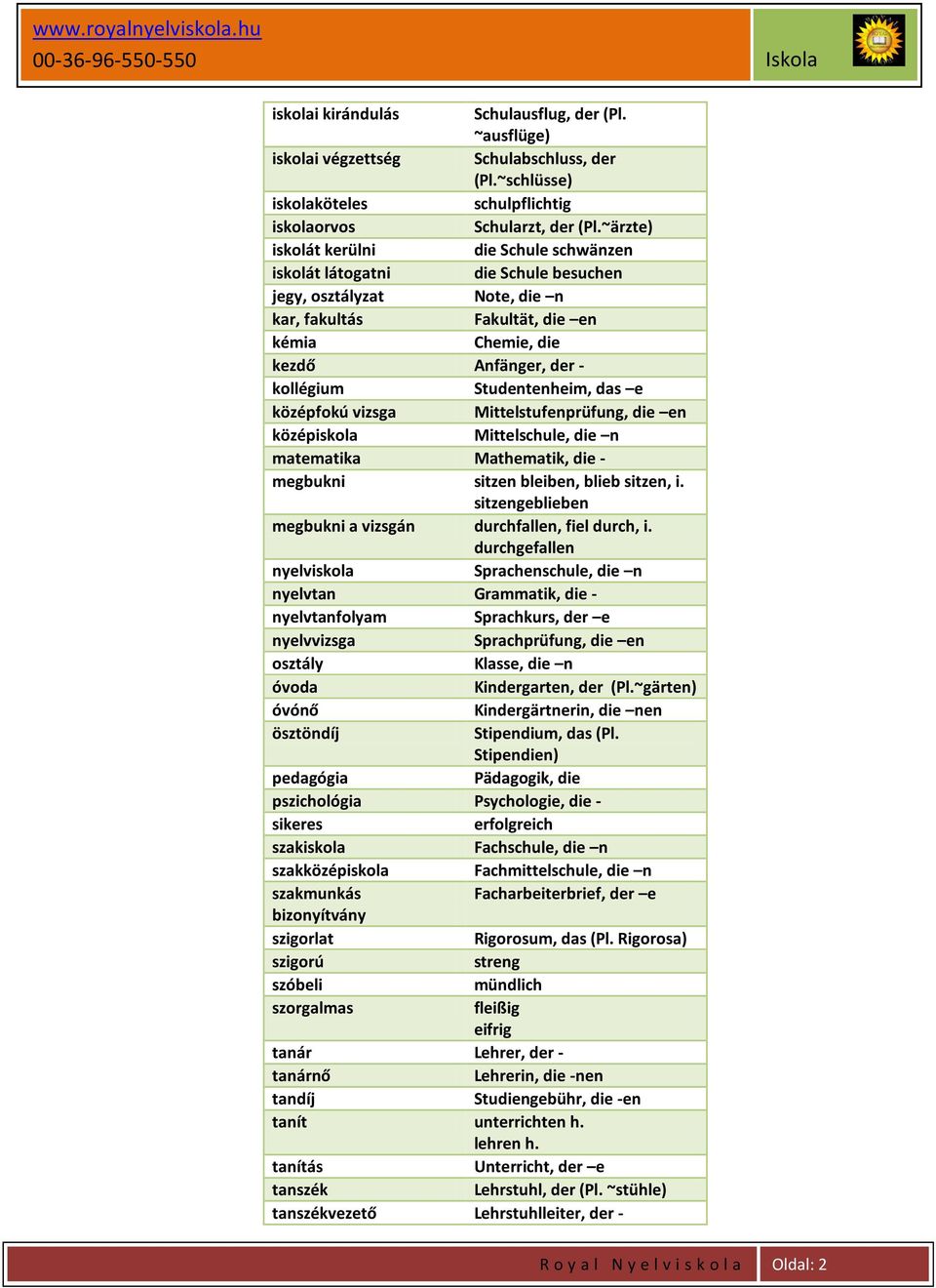 Studentenheim, das e középfokú vizsga Mittelstufenprüfung, die en középiskola Mittelschule, die n matematika Mathematik, die - megbukni sitzen bleiben, blieb sitzen, i.