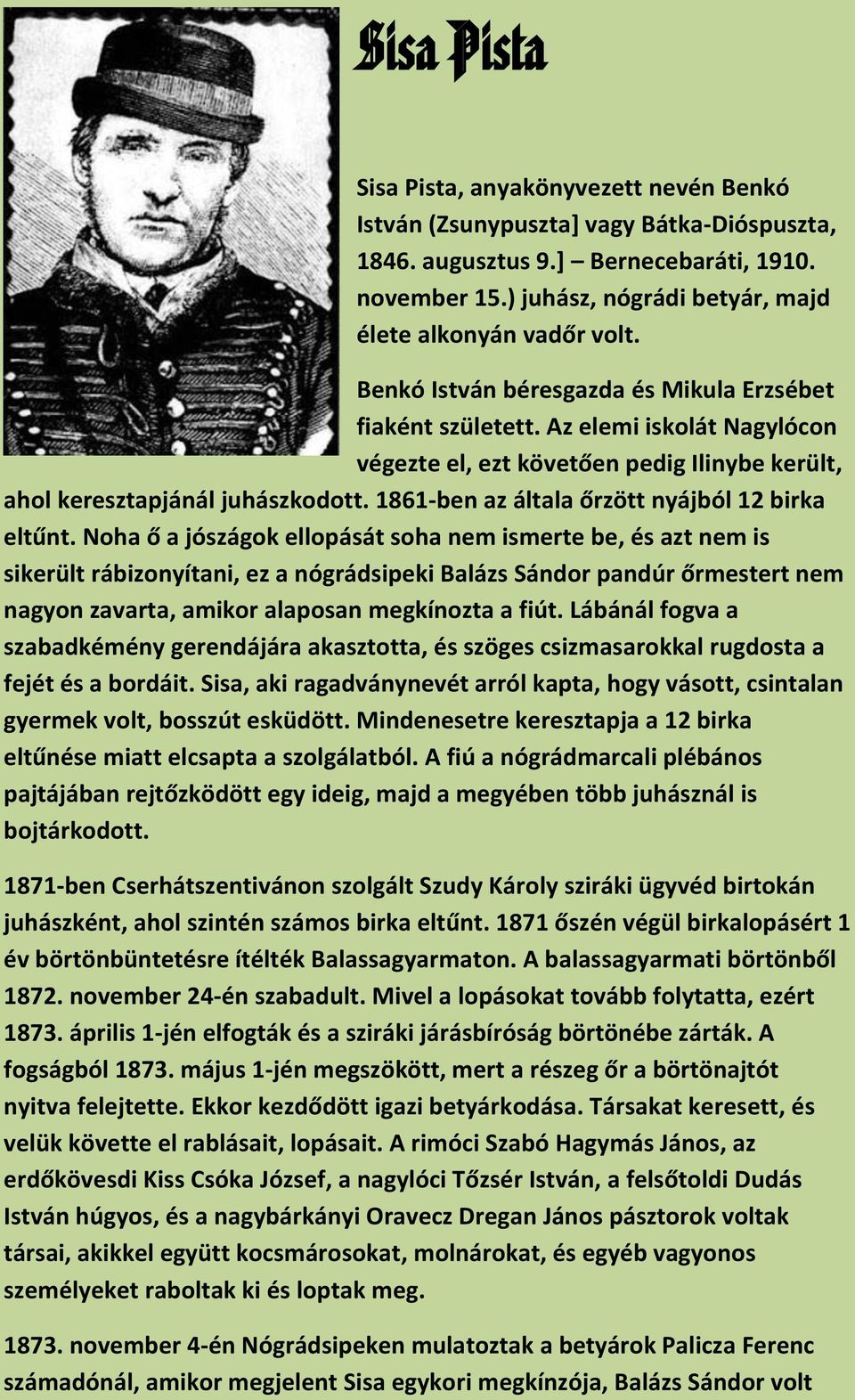 Az elemi iskolát Nagylócon végezte el, ezt követően pedig Ilinybe került, ahol keresztapjánál juhászkodott. 1861-ben az általa őrzött nyájból 12 birka eltűnt.
